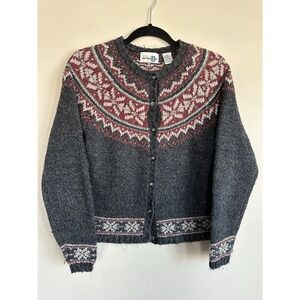 Vtg Fair Isle Nordic Cardigan Sweater MEDIUM Charcoal Grey Hygge Cottagecore